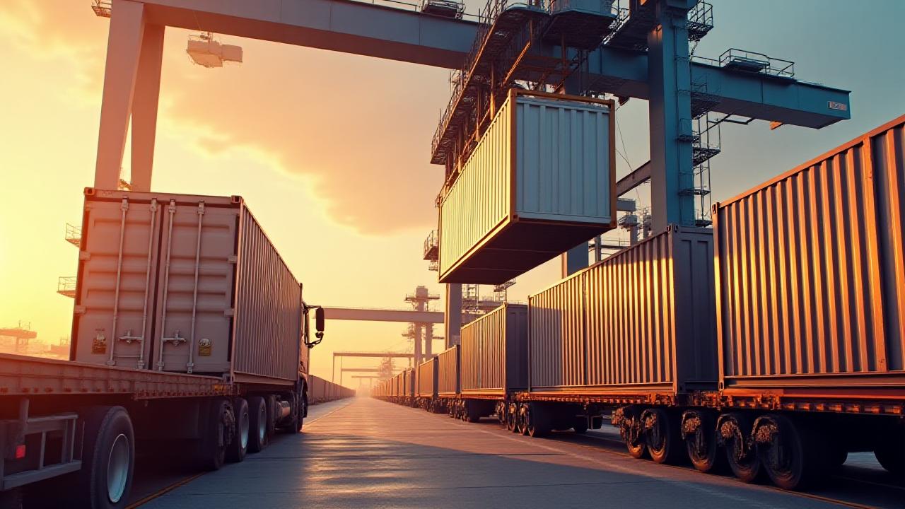 A heavy-duty gantry crane transferring a shipping container from a Qiana drayage truck to a flat-bed rail car at a modern intermodal terminal.