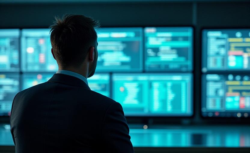Logistics professional monitoring digital security systems and border compliance data